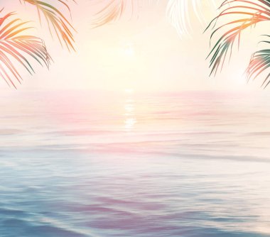 Manzaralı pembe ve sarı okyanus güneş doğumu vektör çerçevesi. Tranquil kostline yatay panorama kartı. Sabahları deniz çok güzel oluyor. Düğün davetiyesi peyzaj tasarımı. Elementler düzenlenebilir.