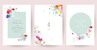 Parlak yay vektör çiçek tasarım kartları. Parlak çiçekli ve yeşillikli renkli düğün davetiyeleri. Laleler, güller, orkide, klematis, hiacynth, şakayık, karanfil, uçan taç yaprakları ve yapraklar. İzole edilmiş