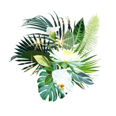 Beyaz nilüfer çiçeği tropikal vektör tasarımı. Beyaz orkide, şarbon, zambak, palmiye ve canavar yeşili yapraklar. Tropik düğün çiçekleri. Ada egzotik yeşilliği. Tüm elementler izole ve düzenlenebilir.