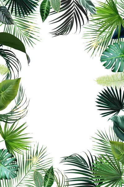 Tropik çiçekler ve vektör tasarım kartı. Güneş ışığı, günbatımı palmiye yaprakları, zümrüt canavarı, orman palmiye yaprakları çerçevesi. Egzotik ada düğün davetiyesi. Elementler izole ve düzenlenebilir.