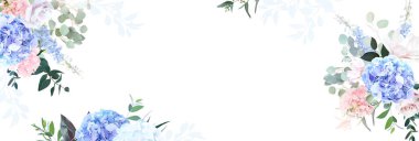 Bridgerton Pastel Çiçek Vektör Tasarım Pankartı 'na ilham verdi. Mavi dezenyum, beyaz şakayık, mercan gülü, manolya, sümbül, ortanca, yeşillik ve bitkiler. Tüm çiçekler ve dallar soyutlanmış ve taşınabilir..