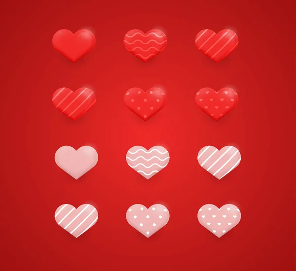 Set Cuore Rosso Simbolo Amore Isolato Sfondo Rosso Illustrazione Vettoriale — Vettoriale Stock