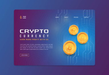 Engelleme zinciri kripto para birimi gerçekçi izometrik vektör illüstrasyonlu iniş sayfası. Dijital piyasa için gelecekçi kripto para birimi web sitesi tasarımı.