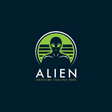 Uzaylı vektör logosu çizimi. Koyu mavi arkaplanda minimum uzaylı logosu.