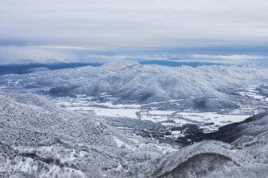 Winter snowfall in Collada De Bracons and Puigsacalm peak, La Garrotxa, Girona, northern Spain.