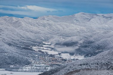 Winter snowfall in Collada De Bracons and Puigsacalm peak, La Garrotxa, Girona, northern Spain.