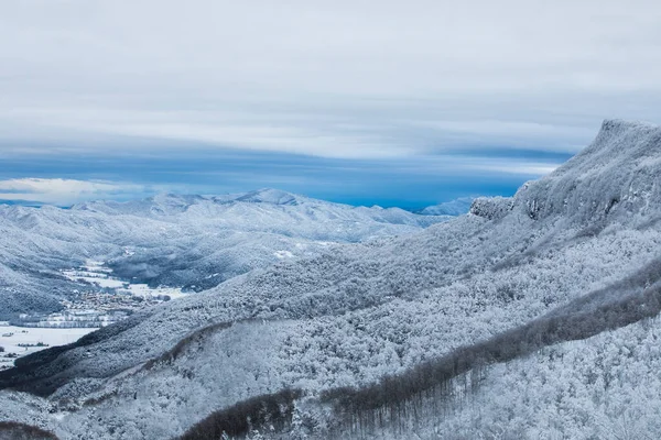 stock image Winter snowfall in Collada De Bracons and Puigsacalm peak, La Garrotxa, Girona, northern Spain.