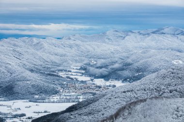 Winter snowfall in Collada De Bracons and Puigsacalm peak, La Garrotxa, Girona, northern Spain.