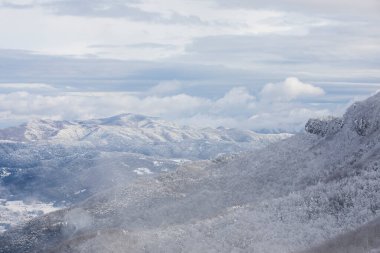 Winter snowfall in Collada De Bracons and Puigsacalm peak, La Garrotxa, Girona, northern Spain.