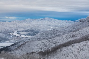 Winter snowfall in Collada De Bracons and Puigsacalm peak, La Garrotxa, Girona, northern Spain.