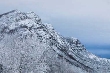 Winter snowfall in Collada De Bracons and Puigsacalm peak, La Garrotxa, Girona, northern Spain.