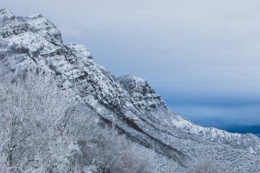 Winter snowfall in Collada De Bracons and Puigsacalm peak, La Garrotxa, Girona, northern Spain.