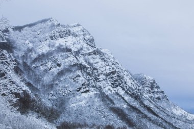 Winter snowfall in Collada De Bracons and Puigsacalm peak, La Garrotxa, Girona, northern Spain.