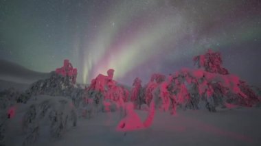 Pallas Yllastunturi Ulusal Parkı, Laponya, Finlandiya 'da kuzey ışıklarının zaman aşımı