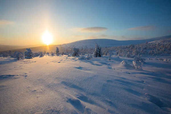 Răsărit Apus Soare Iarnă Pallas Yllastunturi National Park Laponia Finlanda — Fotografie, imagine de stoc