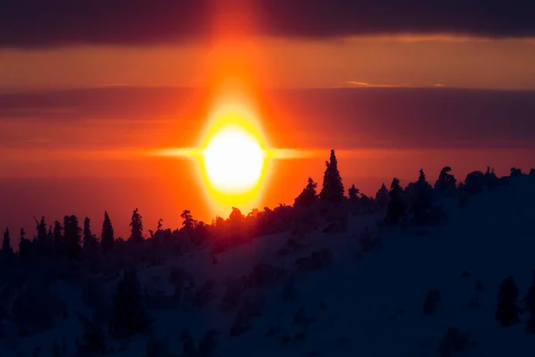Зимовий Захід Сонця Національному Парку Паллас Ілластунтурі Лапландія Північна Фінляндія — стокове фото