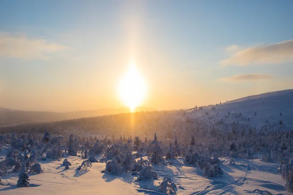 Răsărit Apus Soare Iarnă Pallas Yllastunturi National Park Laponia Finlanda — Fotografie, imagine de stoc
