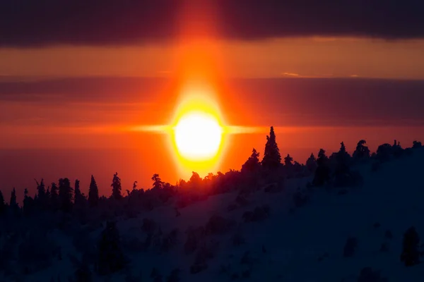 Winter Sunset Pallas Yllastunturi National Park Lapland Northern Finland — Fotografia de Stock