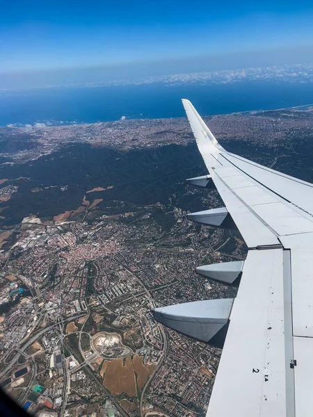Luchtfoto Van Barcelona Stad Catalonië Spanje Een Zomerdag Gezien Vanaf — Stockfoto