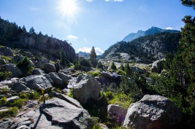 Aiguestortes 'teki Vall de Boi' de genç yürüyüşçü kadın ve Sant Maurici Ulusal Parkı, Pireneler, İspanya