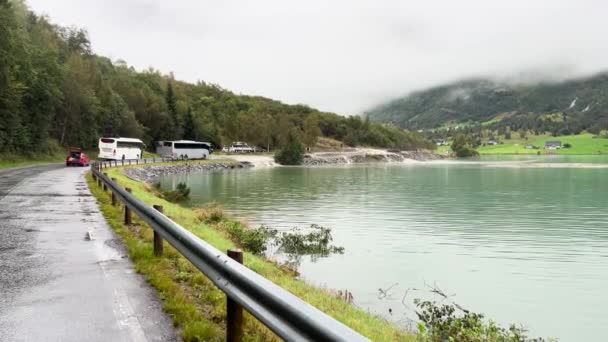 River Flooding Spills Road Briksdal Valley Norway — Stok Video