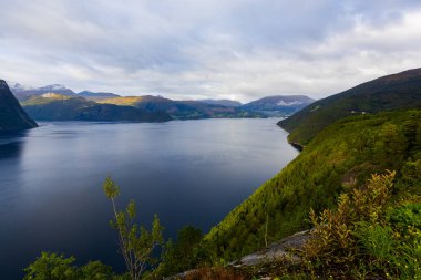 Norveç 'in güneyinde Bergen' den Alesund yoluna sonbahar manzarası