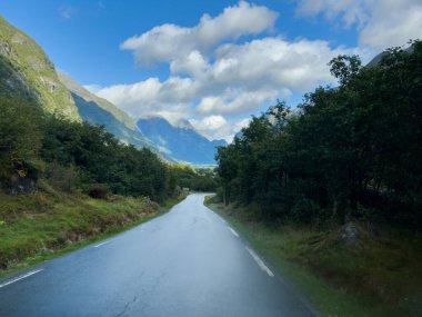 Norveç 'in güneyindeki Briksdal Buzul Vadisi' nde yol. Avrupa
