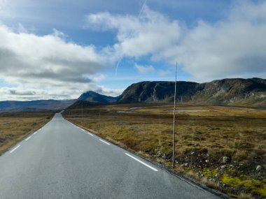 Norveç 'in güneyinde Trondheim' dan Oslo yoluna sonbahar yolu