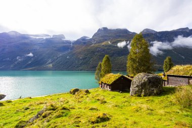 Norveç 'in güneyindeki Lovatnet Gölü Vadisi' nde geleneksel evler Avrupa 'da