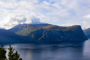 Norveç 'in güneyinde Bergen' den Alesund yoluna sonbahar manzarası