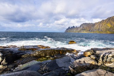 Norveç 'teki Senja Adası' nın sonbahar manzarası. Renkli yaprakları, dağları ve dingin fiyortları var..