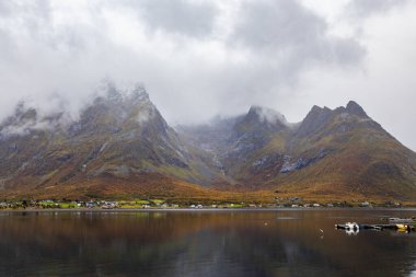 Lofoten Adaları, Norveç 'te sonbahar manzarası, renkli yeşillikler ve barışçıl fiyort içerir..