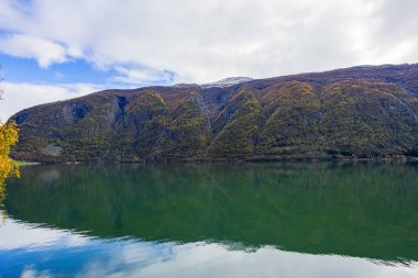 Norveç 'in Lustrafjorden kentindeki sonbahar manzarasında berrak su yansımaları, dağlar ve renkli yeşillikler yer almaktadır..
