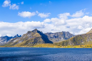 Lofoten Adaları, Norveç 'te sonbahar manzarası, renkli yeşillikler ve barışçıl fiyort içerir..