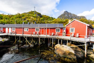 Norveç, Lofoten Adaları 'ndaki Nusfjord manzaralı, kırmızı ve sarı ahşap evler, tekneler ve kristal berrak sularla.
