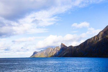 Norveç 'teki Senja Adası' nın sonbahar manzarası. Renkli yaprakları, dağları ve dingin fiyortları var..