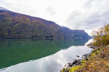 Norveç 'in Lustrafjorden kentindeki sonbahar manzarasında berrak su yansımaları, dağlar ve renkli yeşillikler yer almaktadır..
