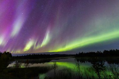 İsveç 'in Kiruna kentindeki kuzey ışıkları Eylül ayında sakin suları yıldızlar ve ormanlarla yansıtıyor..