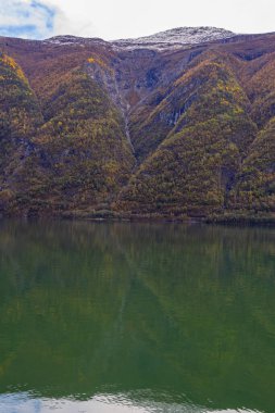 Norveç 'in Lustrafjorden kentindeki sonbahar manzarasında berrak su yansımaları, dağlar ve renkli yeşillikler yer almaktadır..