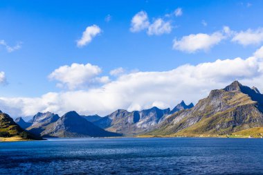Lofoten Adaları, Norveç 'te sonbahar manzarası, renkli yeşillikler ve barışçıl fiyort içerir..
