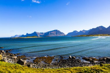 Lofoten Adaları, Norveç 'te sonbahar manzarası, renkli yeşillikler ve barışçıl fiyort içerir..