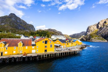 Norveç, Lofoten Adaları 'ndaki Nusfjord manzaralı, kırmızı ve sarı ahşap evler, tekneler ve kristal berrak sularla.