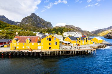 Norveç, Lofoten Adaları 'ndaki Nusfjord manzaralı, kırmızı ve sarı ahşap evler, tekneler ve kristal berrak sularla.