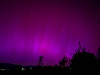 La Cerdanya, Pyrenees, İspanya 'da gece gökyüzünde dans eden canlı mor ve mor kuzey ışıkları. Mayıs 2024
