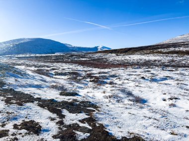 Norveç 'in güneyindeki Dovrefjell Ulusal Parkı' nda sonbahar manzarası, kar ve bitki örtüsüyle çevrili.