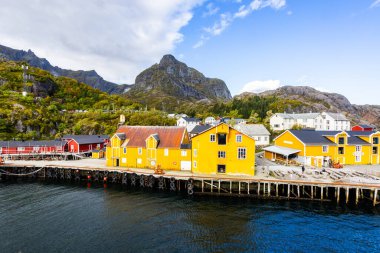 Norveç, Lofoten Adaları 'ndaki Nusfjord manzaralı, kırmızı ve sarı ahşap evler, tekneler ve kristal berrak sularla.