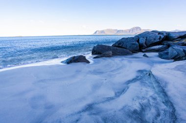 Lofoten Adaları, Norveç 'te sonbahar manzarası, renkli yeşillikler ve barışçıl fiyort içerir..