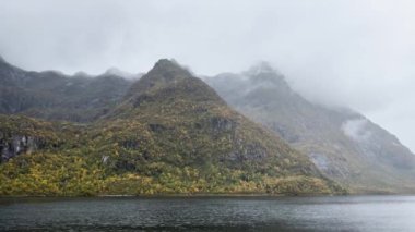 Norveç, Lofoten Adaları 'ndaki sakin bir fiyorda yağmur yağar.