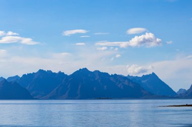 Lofoten Adaları, Norveç 'te sonbahar manzarası, renkli yeşillikler ve barışçıl fiyort içerir..