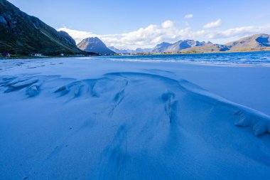 Lofoten Adaları, Norveç 'te sonbahar manzarası, renkli yeşillikler ve barışçıl fiyort içerir..